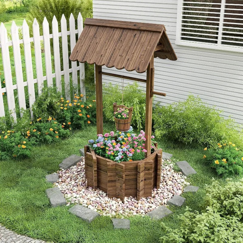Wooden Wishing Well Planter, 4 Reinforced Rod & Hanging Bucket