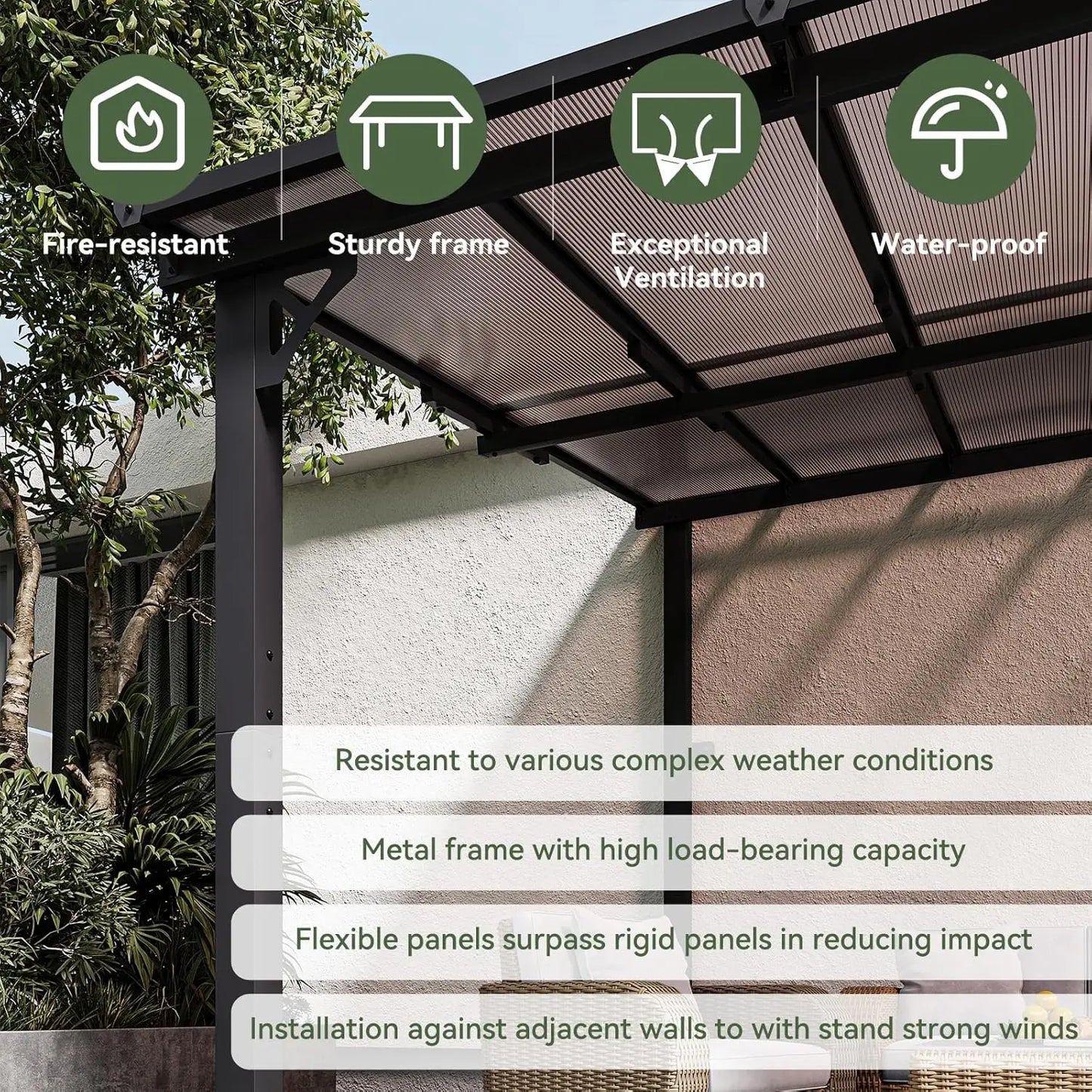 10' x 12'  Wall-Mounted Heavy Duty Awnings, for Backyard, Deck, Patio