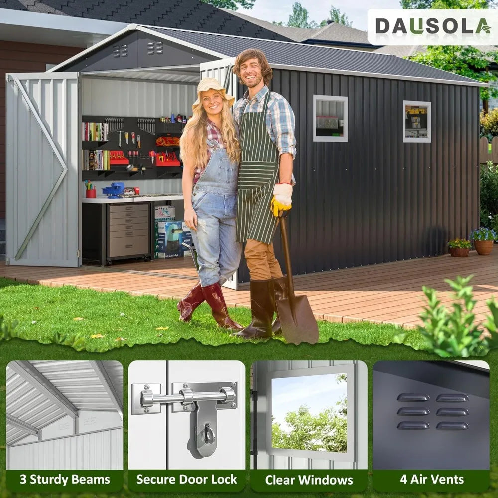 8x12 FT Metal Garden Tool Shed with windows  and lockable doors
