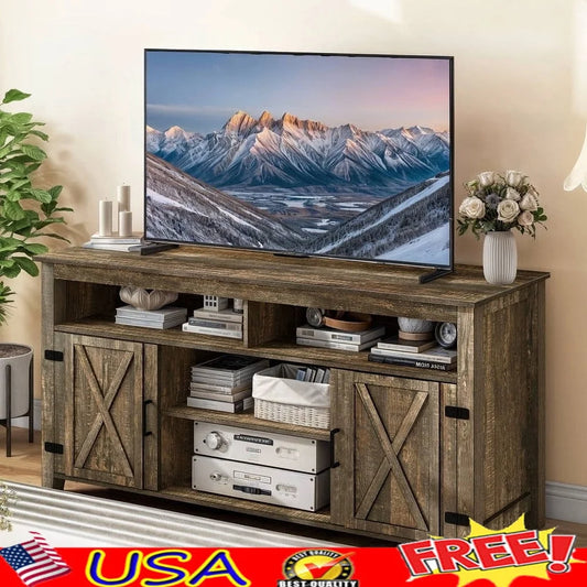 Rustic Brown Farmhouse TV Stand with Adjustable Shelves Barn Doors