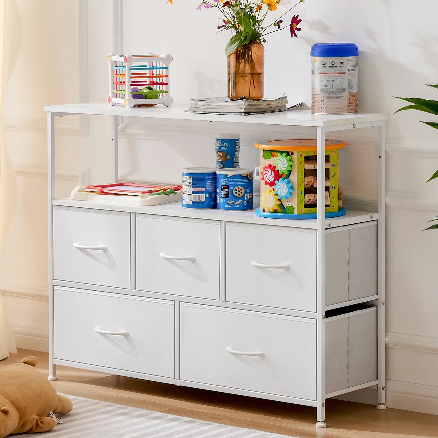 TV Stand Dresser For Bedroom With 5 Fabric Drawers.