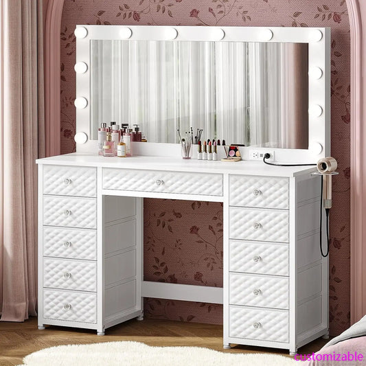 Vanity with Extra Large Mirror and Lights, Makeup Vanity with Power Strip,