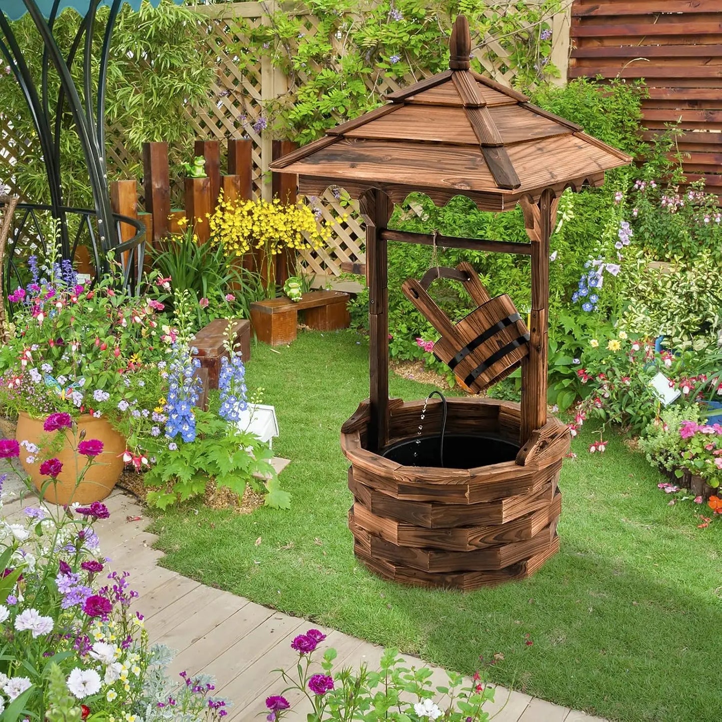 Rustic Wishing Well Fountain, Electric Pump