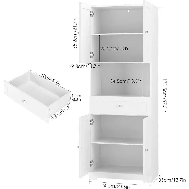 Modern Linen Storage Cabinet with 4 Doors, Shelves, Drawer.