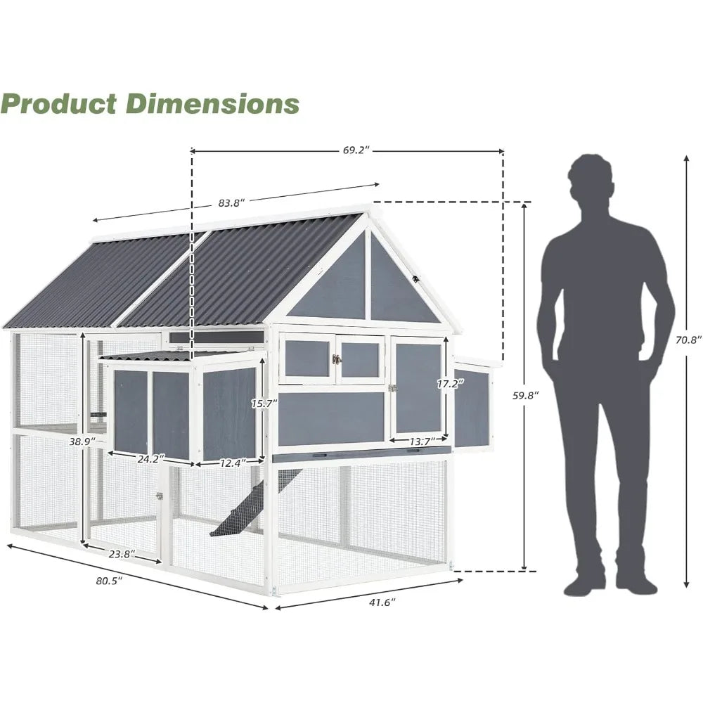 Large 84"  Chicken Coop with Run Outdoor Wooden Hen House