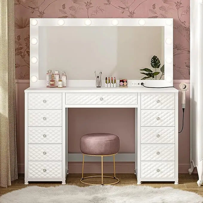 Vanity with Extra Large Mirror and Lights, Makeup Vanity with Power Strip,