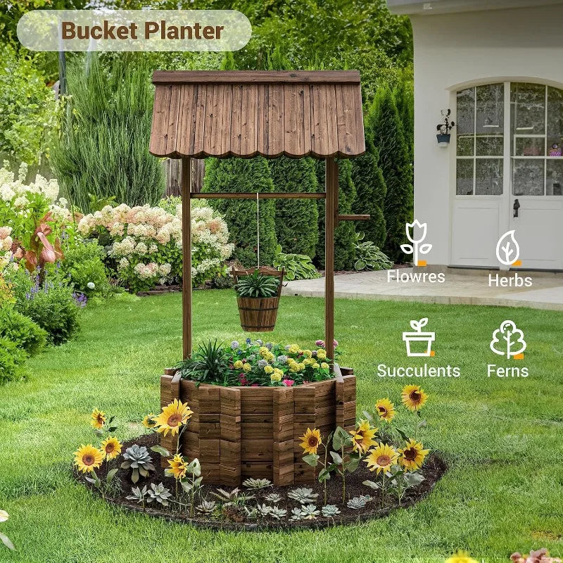 Wooden Wishing Well Planter, 4 Reinforced Rod & Hanging Bucket