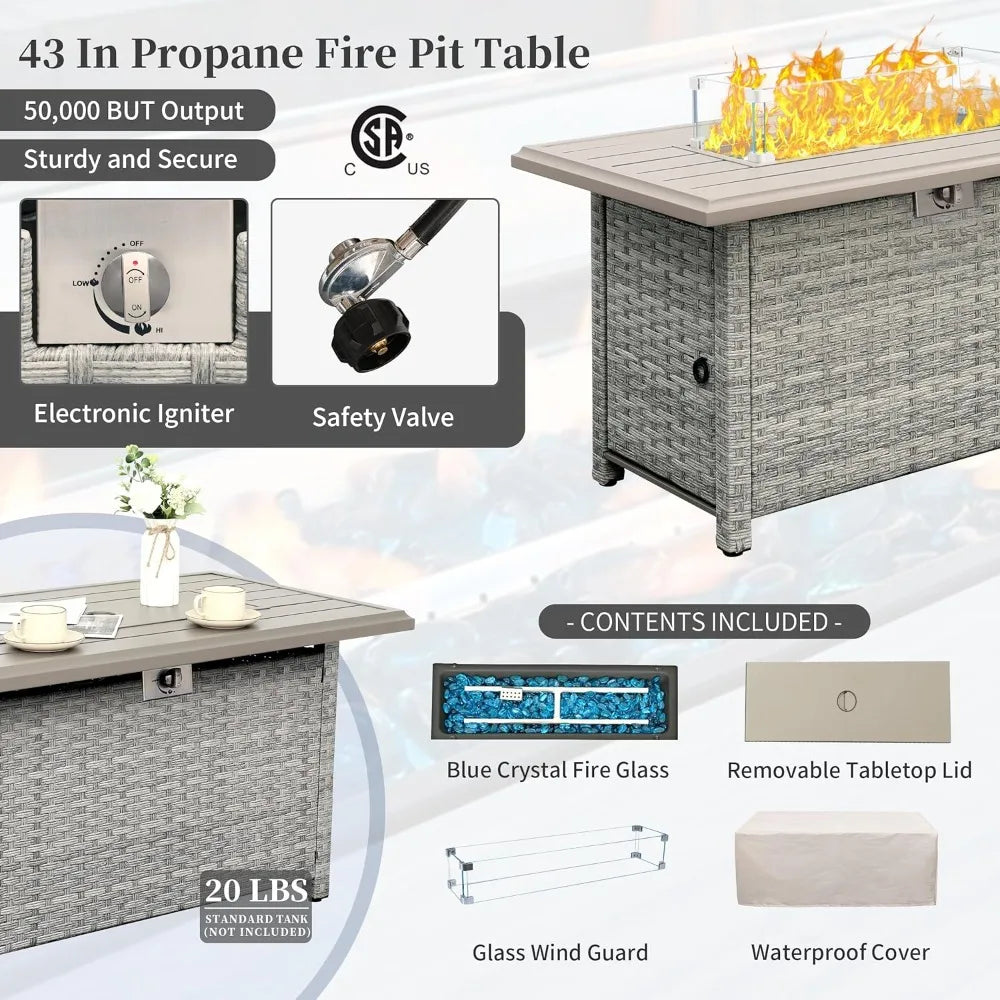 Outdoor Propane Fire Pit, with Glass Wind Guard, Fire Glass,