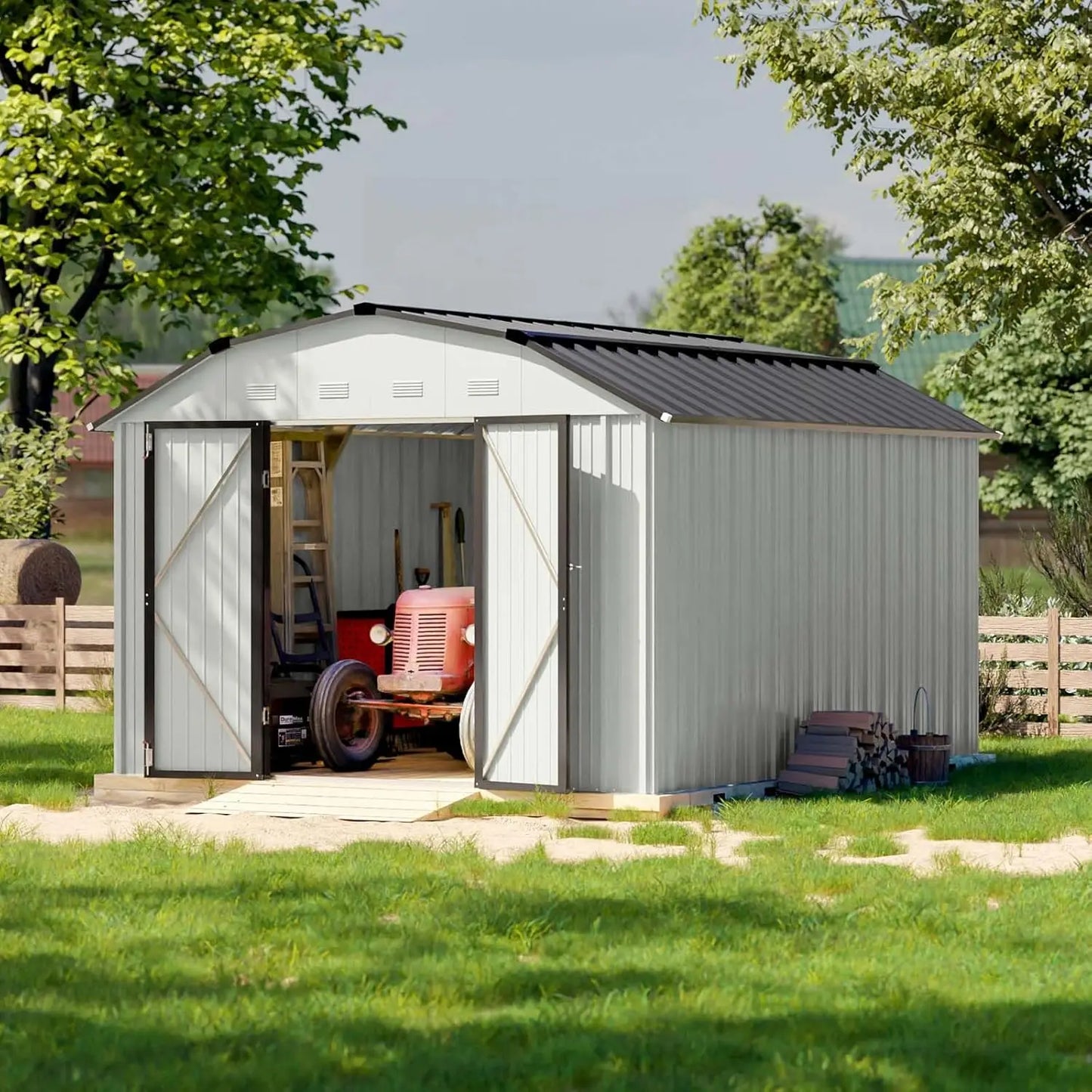 10 X 12 FT Barn Style Metal Storage Shed, Lockable Doors.