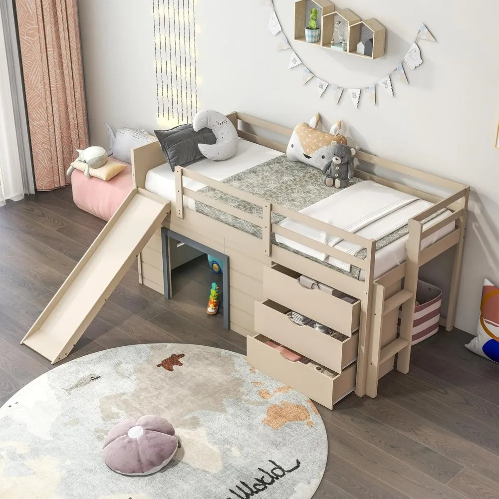 KOMFOTT Twin Low Loft Bed with 3 Storage Drawers & Underneath House