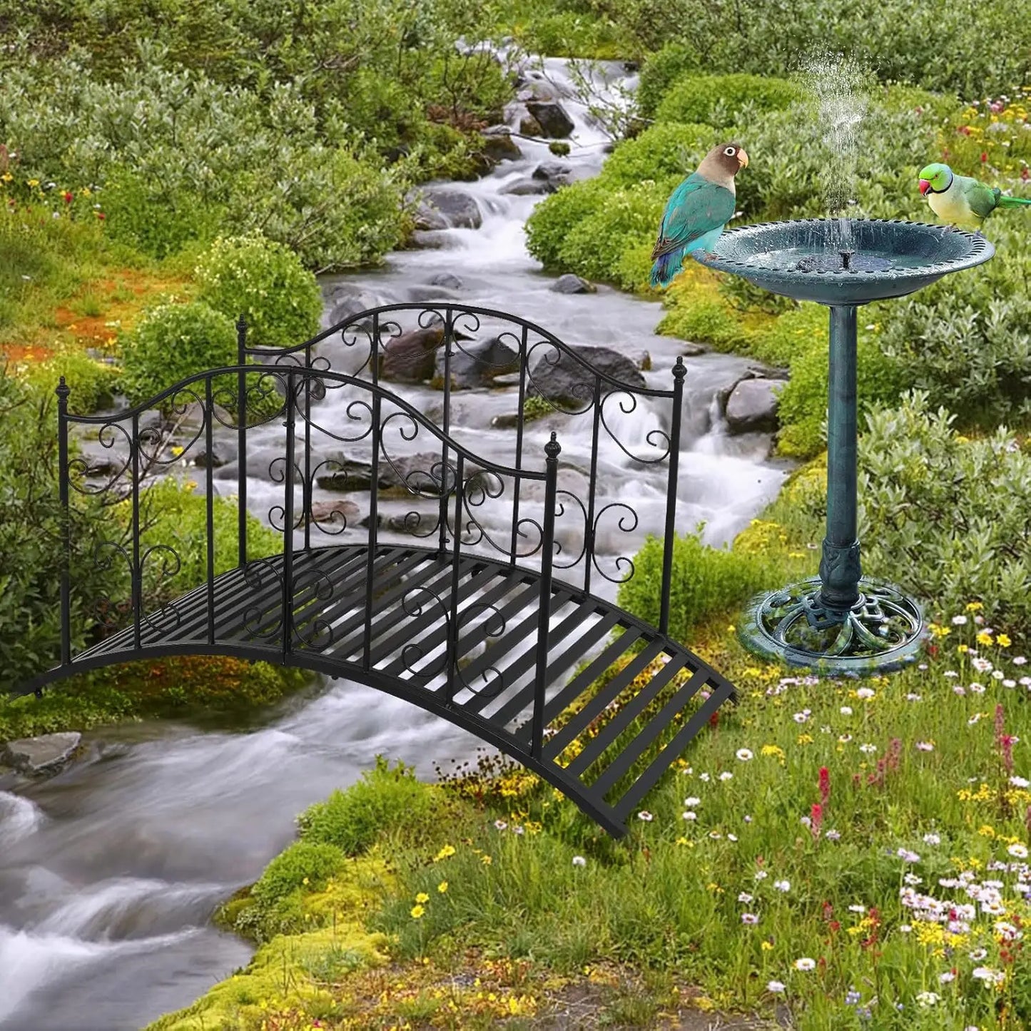 VINGLI Garden Bridge Metal Yard Arch Patterned Guardrails