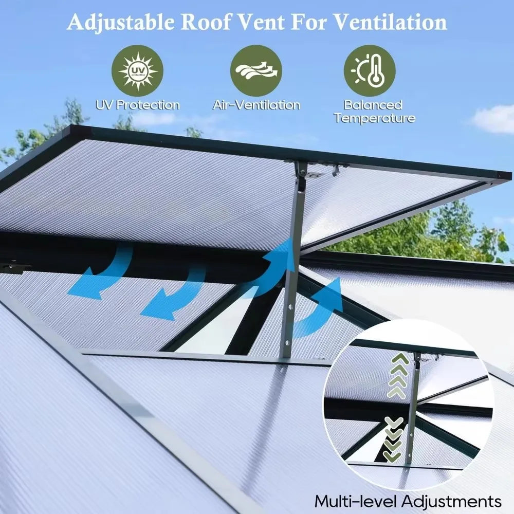 8FT X 16FT Greenhouse with Adjustable Roof Vent and Rain Gutter.