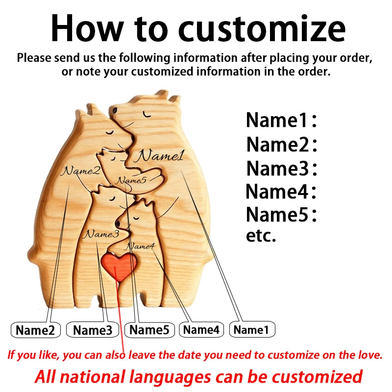 Wooden Bear Family Puzzle Personalized Name Custom Home Decor