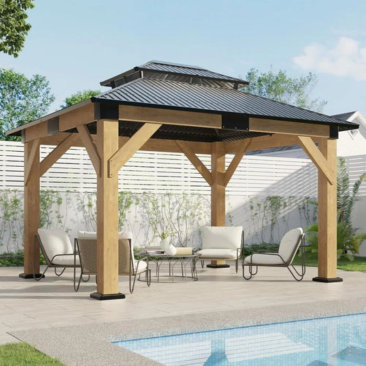 10x12 Wood Gazebo, Hardtop  with Spruce Frame, Double Roof