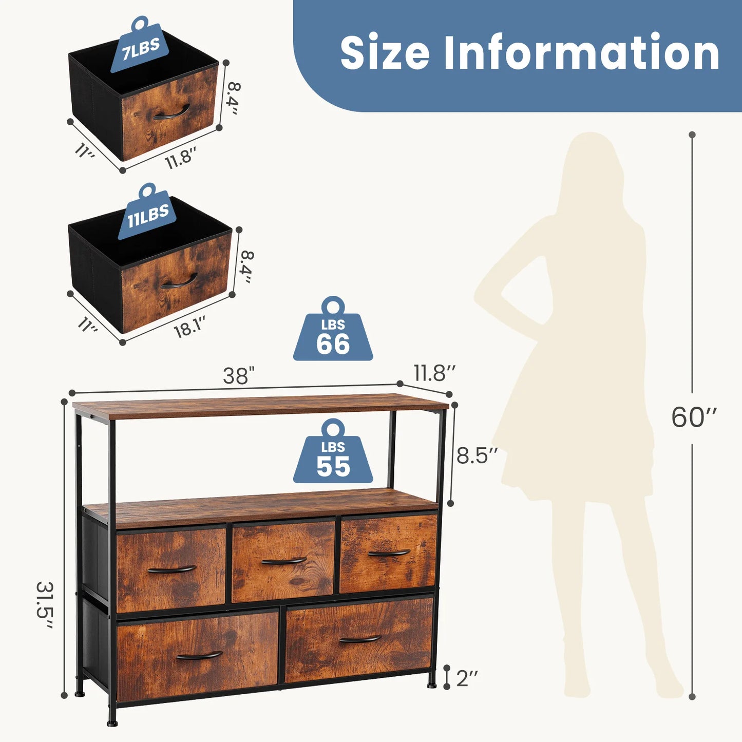 TV Stand Dresser For Bedroom With 5 Fabric Drawers.