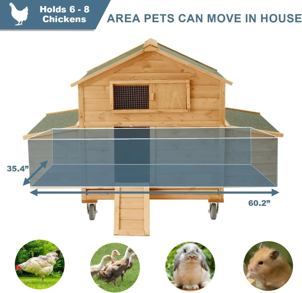 Large Chicken Coop with Wheels, Waterproof  for 6-8 Chickens