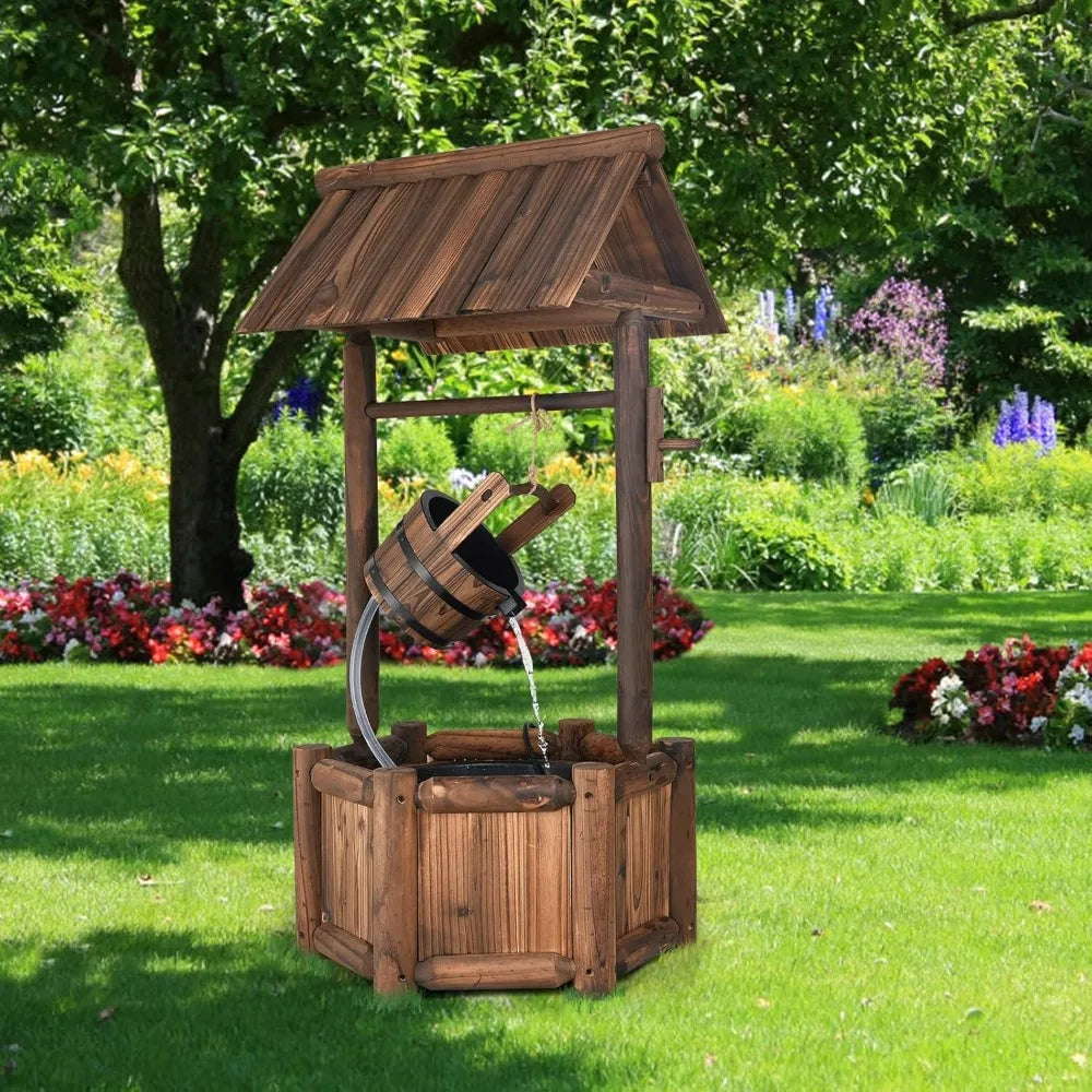 Rustic Wooden Waterfall Wishing Well Fountain with Electric Pump