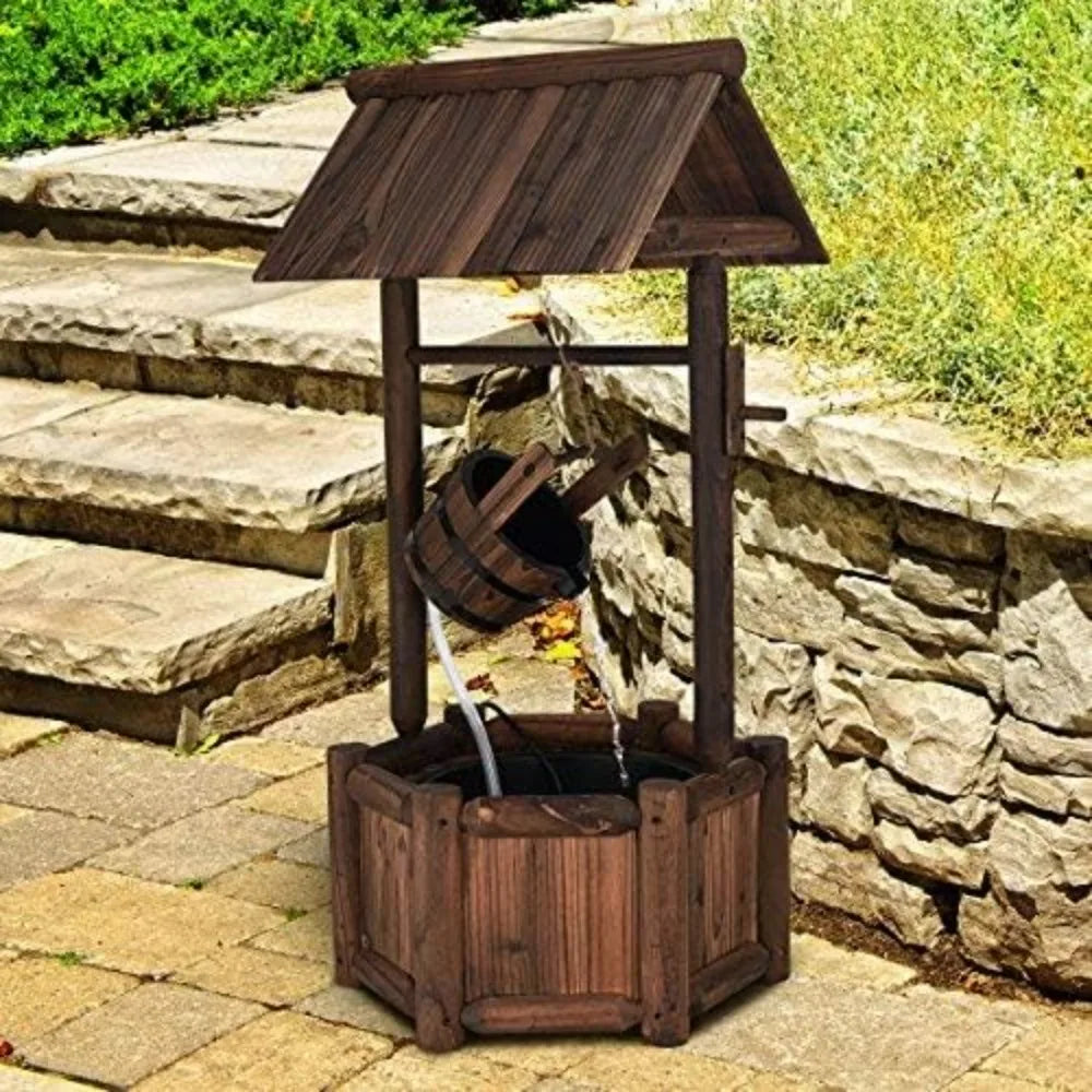 Rustic Wooden Waterfall Wishing Well Fountain with Electric Pump