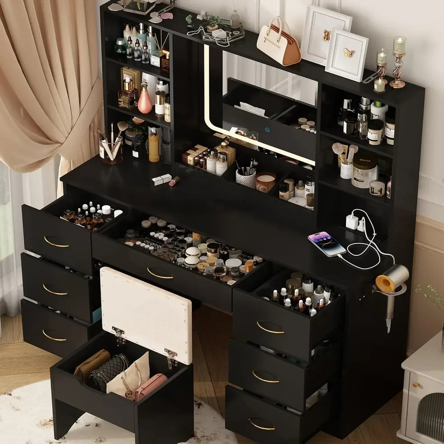 47" Vanity make up desk  with Mirror and Lights, LED,  with Drawers