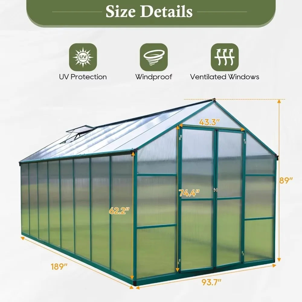 8FT X 16FT Greenhouse with Adjustable Roof Vent and Rain Gutter.