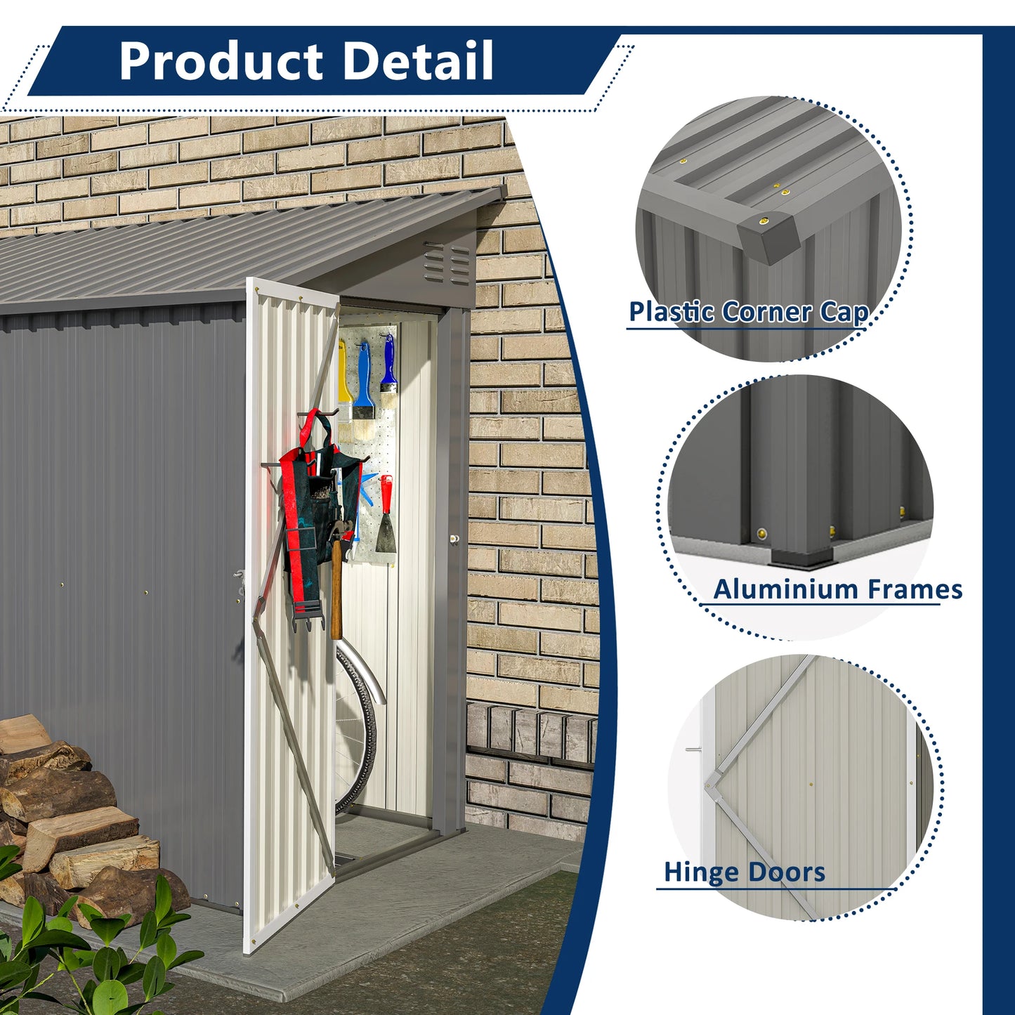 LZBEITEM 4' x 8' Metal Wall Side Storage Shed for Backyard Grey