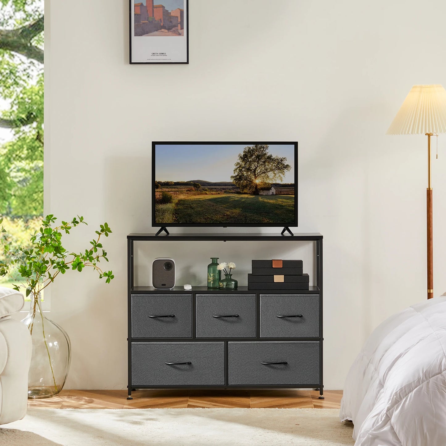 TV Stand Dresser For Bedroom With 5 Fabric Drawers.