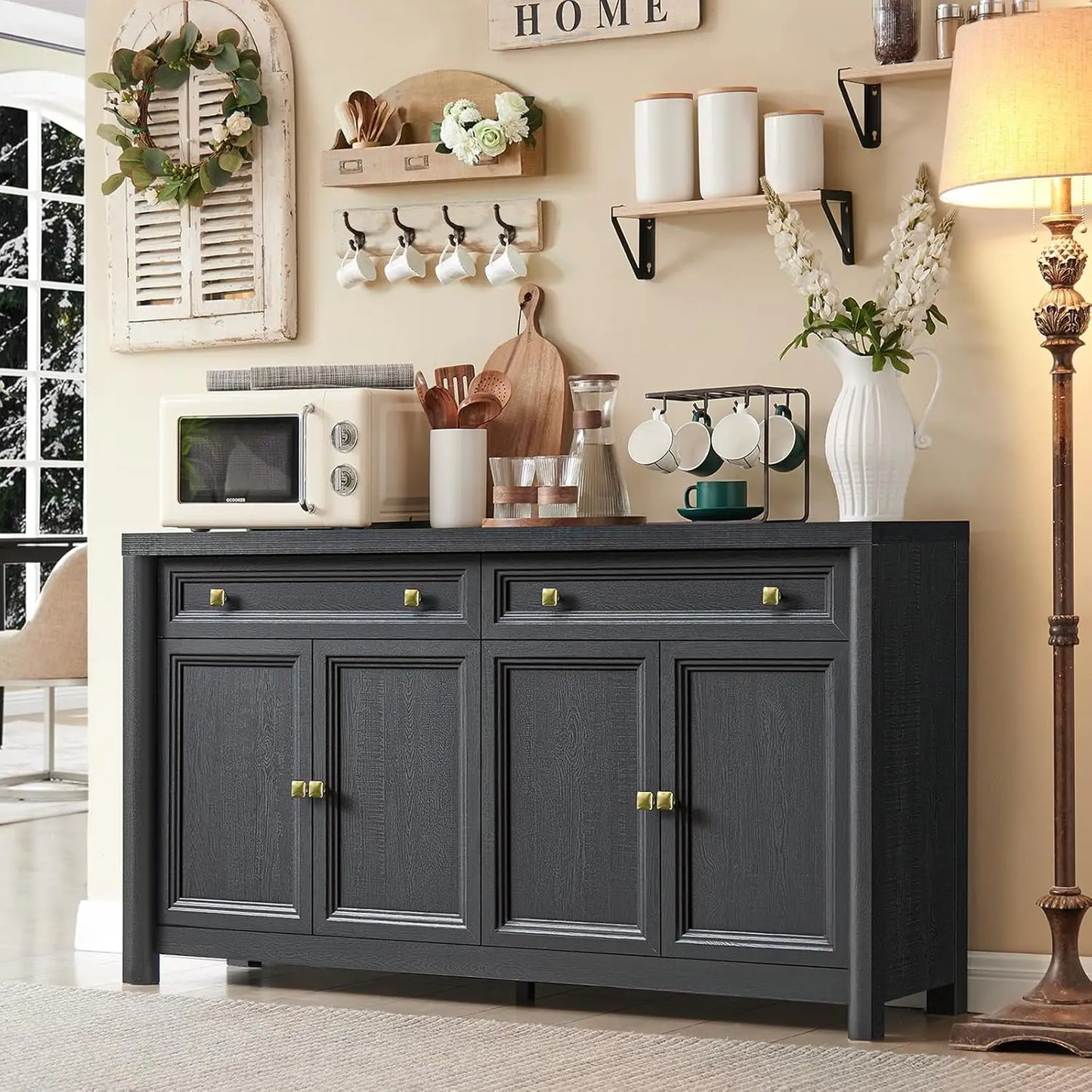 Rustic wood Farmhouse Buffet Cabinet with Drawers, & 4 Doors
