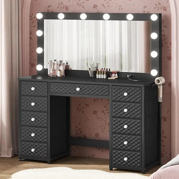 Vanity with Extra Large Mirror and Lights, Makeup Vanity with Power Strip,
